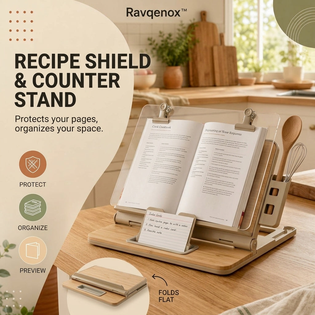 Ravqenox™ Folding Recipe Shield & Counter Stand
